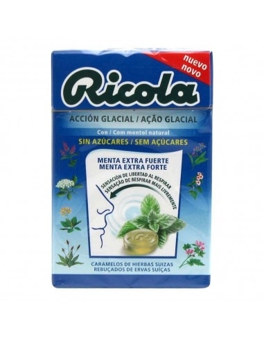 Caramelo ricola extra fuerte menta 50 gr. sabor menta extra fuerte con acción glacial.