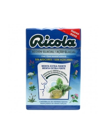 Caramelo ricola extra fuerte menta 50 gr. sabor menta extra fuerte con acción glacial.