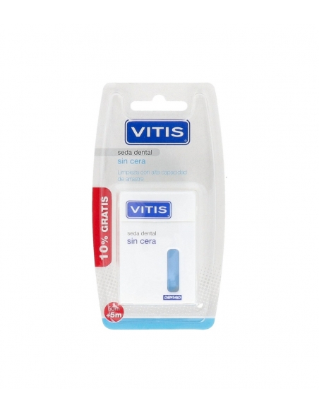 Seda dental vitis sin cera 50m. elimina eficazmente la placa bacteriana acumulada en los espacios interdentales y bajo la línea 