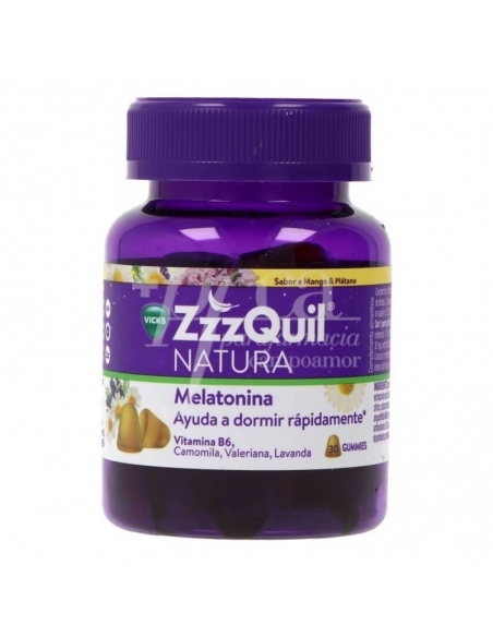 ZzzQuil natura mango & plátano 30 gummies: Fórmula compuesta a base de melatonina, vitamina B6 y extractos de plantas naturales.