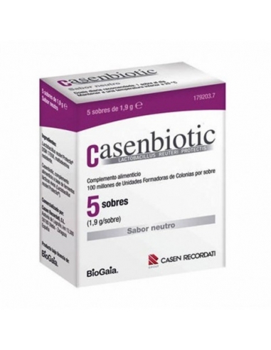 Casenbiotic 5 sobres 1.9 gr. neutro es complemento alimenticio a base de Lactobacillus Reuteri Protectis (bacteria viva) que se
