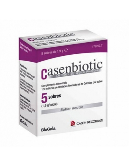 Casenbiotic 5 sobres 1.9 gr. neutro es complemento alimenticio a base de Lactobacillus Reuteri Protectis (bacteria viva) que se