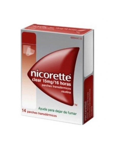 Nicorette clear 15mg/16h 14x23.62mg: Son parches transdérmicos, se utiliza para aliviar los síntomas de abstinencia y reducir la