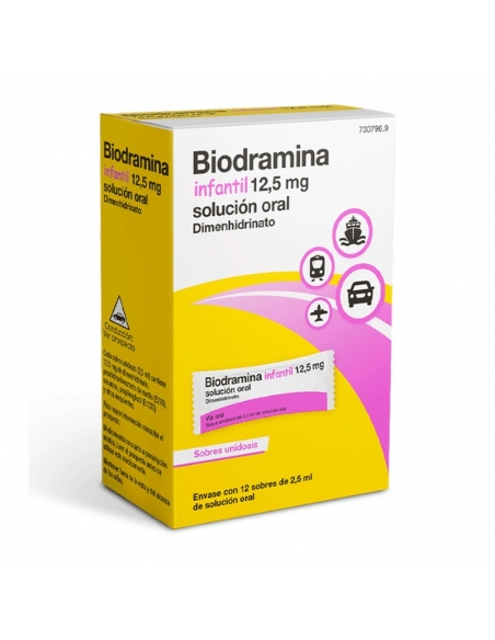 Biodramina inf sol oral 12.5mg 12 sticks: El dimenhidrinato es el principio activo de este medicamento y actúa contra el mareo