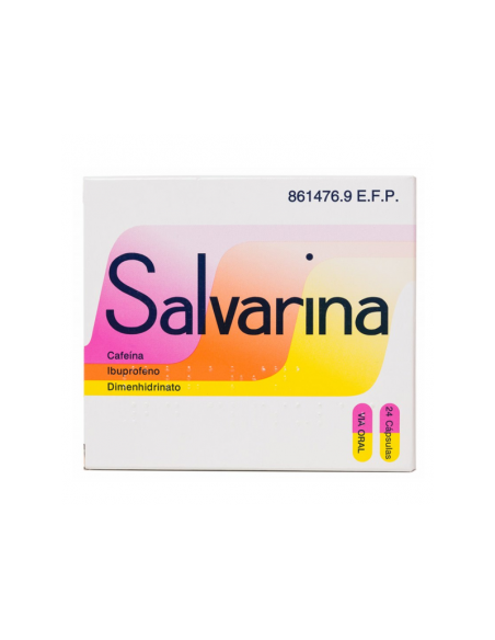 Salvarina 24 cap: Es una asociación de ibuprofeno, dimenhidrinato y cafeína.