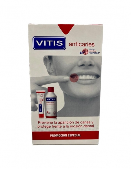 Vitis anti caries pack 1 envase 100 ml pasta + 1 envase 500 ml: Pack promocional que contiene pasta dental que previene la carie