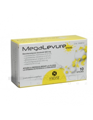 Megalevure 10 sticks bucodispersables: Complemento alimenticio compuesto de prebiótico y probiótico.