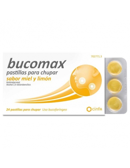 Bucomax miel limón 24 pastillas chupar: pertenece al grupo de medicamentos denominados antisépticos.