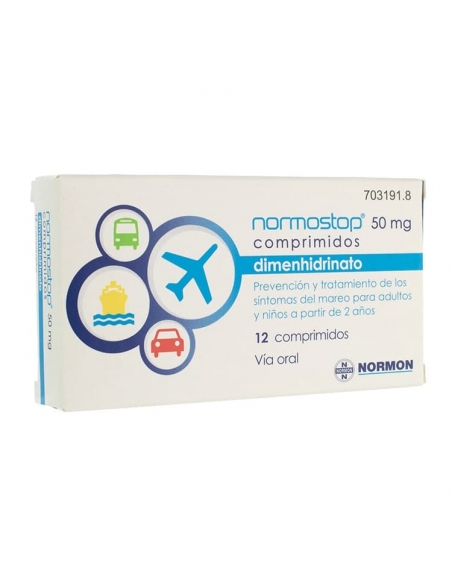 Normostop 50 mg 12 comprimidos: El dimenhidrinato es un principio activo que actúa contra el mareo producido por los medios de l