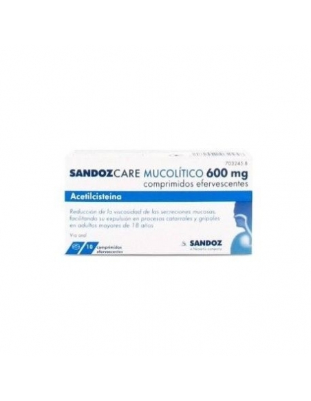 Sandozcare mucolitico 600 mg 10 comprimidos efervescente efg: Acetilcisteína pertenece al grupo de medicamentos denominados muco