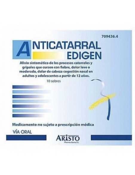 Anticatarral edigen 10 sobres: Anticatarral Edigen es una asociación de paracetamol, fenilefrina y clorfenamina.