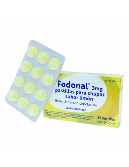 Fodonal limón 24 comprimidos para chupar: Fodonal contiene el principio activo hidrocloruro de bencidamina.