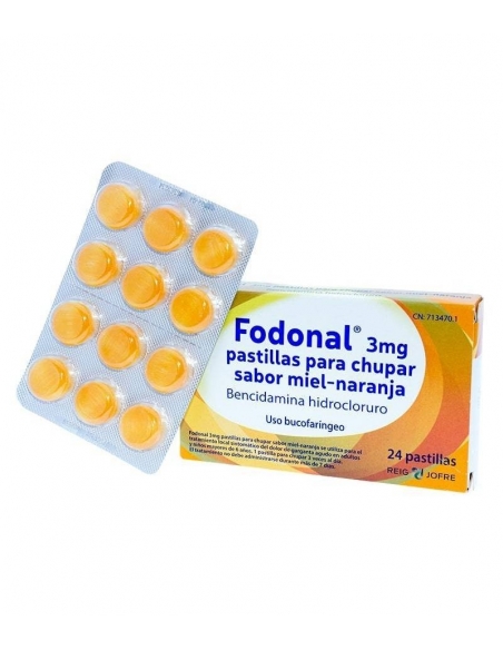 Fodonal miel naranja 24 comprimidos para chupar: Fodonal contiene el principio activo hidrocloruro de bencidamina.
