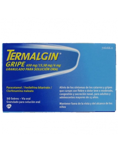 Termalgin gripe 650/15.58/4 mg 10 sobres: Es una asociación de paracetamol, clorfenamina, y fenilefrina.