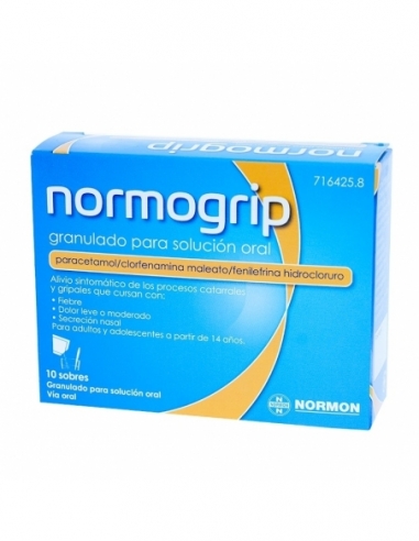 Normogrip granulado 10 sobres: es una asociación de paracetamol analgésico que disminuye el dolor y la fiebre.