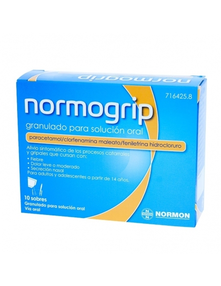 Normogrip granulado 10 sobres: es una asociación de paracetamol analgésico que disminuye el dolor y la fiebre.
