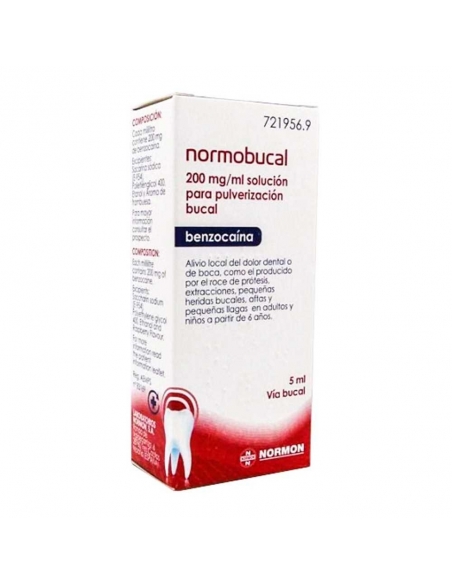 Normobucal 200 mg/ml aerosol solución 5 ml: Es un anestésico tópico que actúa suprimiendo el dolor cuando se aplica externamente