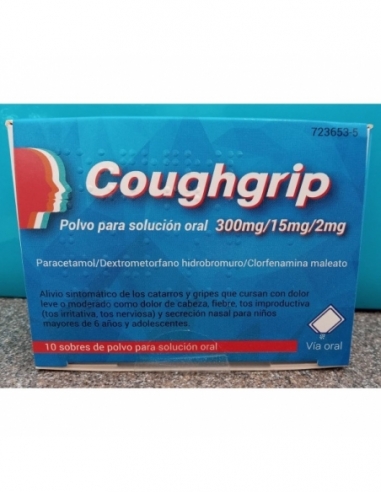 Coughgrip 300mg/15mg/2mg 10 sobres: Este medicamento está indicado para el alivio sintomático de los catarros y gripes .
