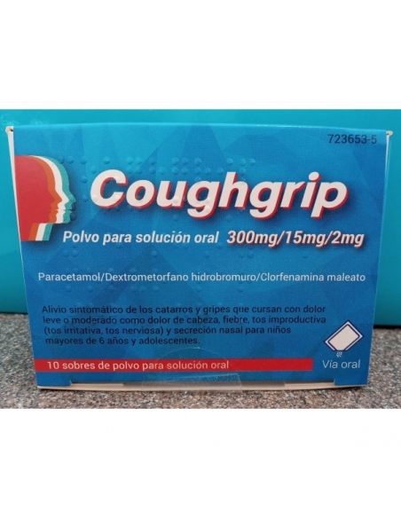 Coughgrip 300mg/15mg/2mg 10 sobres: Este medicamento está indicado para el alivio sintomático de los catarros y gripes .