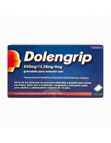 Dolengrip 650/4/15.58 mg 10 sobres: Es una asociación de 3 principios activos: paracetamol, clorfenamina, y fenilefrina.