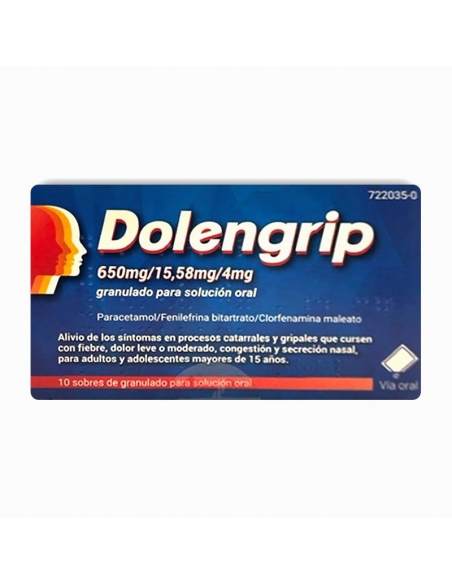 Dolengrip 650/4/15.58 mg 10 sobres: Es una asociación de 3 principios activos: paracetamol, clorfenamina, y fenilefrina.