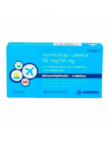 Normostop cafeína 50 mg 12 comprimidos: El dimenhidrinato es un principio activo que actúa contra el mareo producido por los med