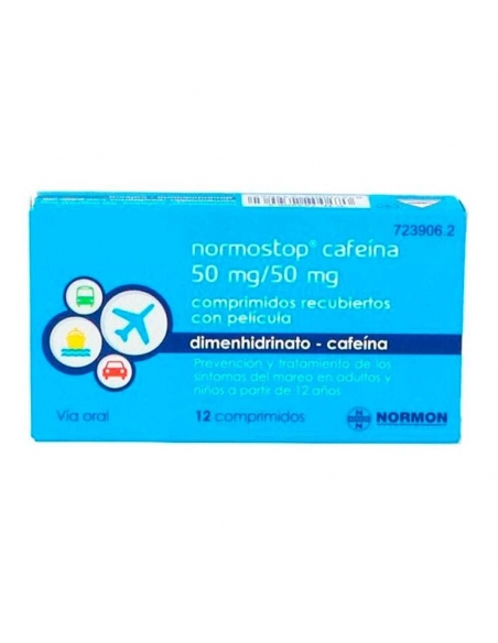Normostop cafeína 50 mg 12 comprimidos: El dimenhidrinato es un principio activo que actúa contra el mareo producido por los med