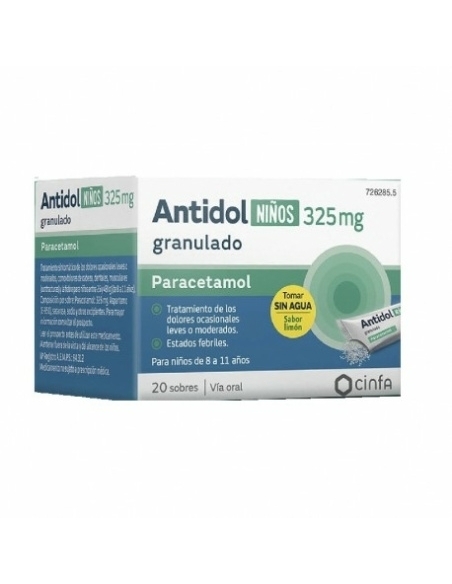 Antidol niños 325 mg 20 sobres granulado: Paracetamol es eficaz para reducir el dolor y la fiebre.