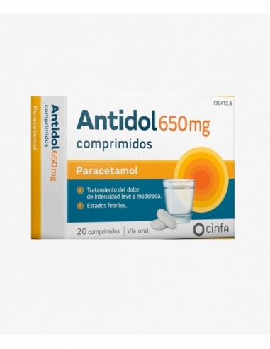 Antidol 650 mg 20 comprimidos: El paracetamol pertenece al grupo de medicamentos llamados analgésicos y antipiréticos.