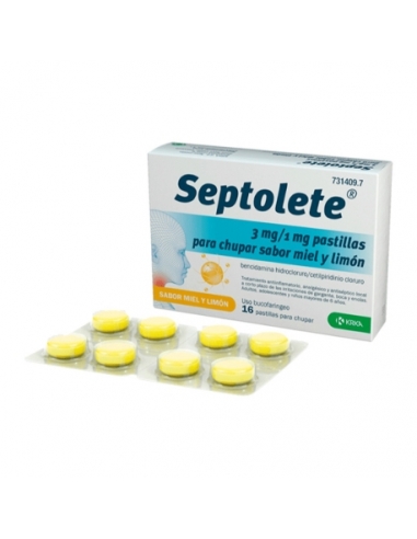 Septolete 3mg/1mg 16 pastillas chupar: Este medicamento contiene los principios activos hidrocloruro de bencidamina y cloruro de