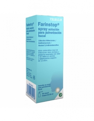 Farinstop spray solución pulverización bucal 20 mml: Farinstop spray contiene amilmetacresol y alcohol 2,4-diclorobencílico, amb