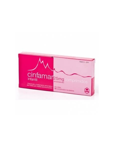 Cinfamar infantil 10 comprimidos: El dimenhidrinato, es el principio activo de este medicamento y actúa contra el mareo.