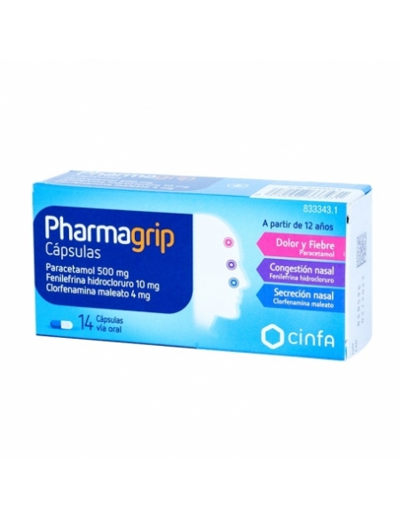 Pharmagrip 14 capsulas: Cápsulas es una asociación de paracetamol analgésico que disminuye el dolor y la fiebre.