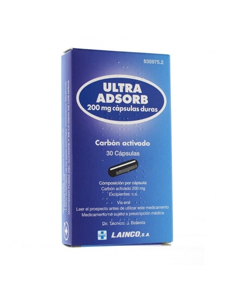 Ultra adsorb 200 mg 30 capsulas lainco: El carbón activado, principio activo de este medicamento, actúa como: Antidiarreico: ina