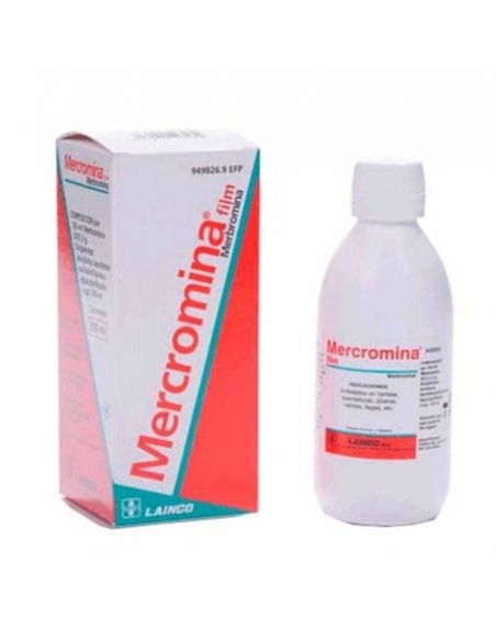 Mercromina film 250 cc: Contiene como principio activo merbromina, que pertenece al grupo de medicamentos antisépticos y desinfe