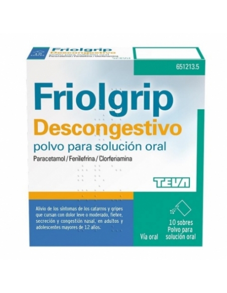 Friolgrip descongestivo 10 sobres polvo solución oral: Es una asociación de paracetamol, clorfenamina y fenilefrina.