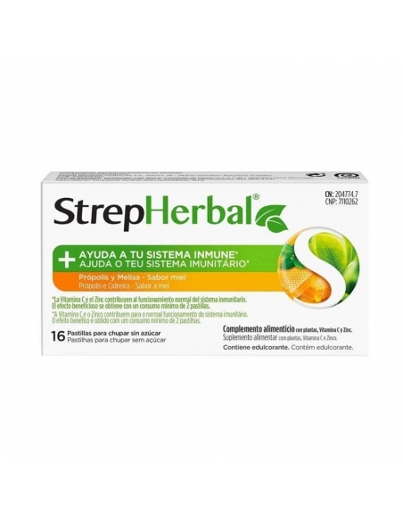 Strepherbal pròpolis melisa miel 16 pastillas: Complemento alimenticio elaborado a base de Pròpolis y Melisa.