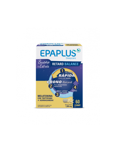 Epaplus Retard Balance con Triptófano y Ashwagandha es un suplemento diseñado para ayudar a mejorar el bienestar emocional y el