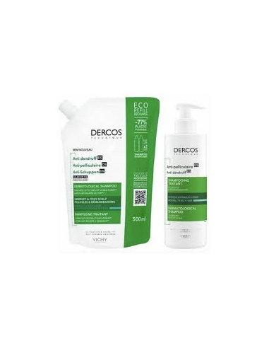 Dercos Ecorefill Caspa Grasa es un recambio ecológico del champú anticaspa de Vichy, formulado para eliminar la caspa grasa y pu