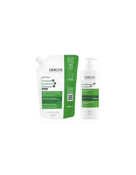 Dercos Ecorefill Caspa Grasa es un recambio ecológico del champú anticaspa de Vichy, formulado para eliminar la caspa grasa y pu